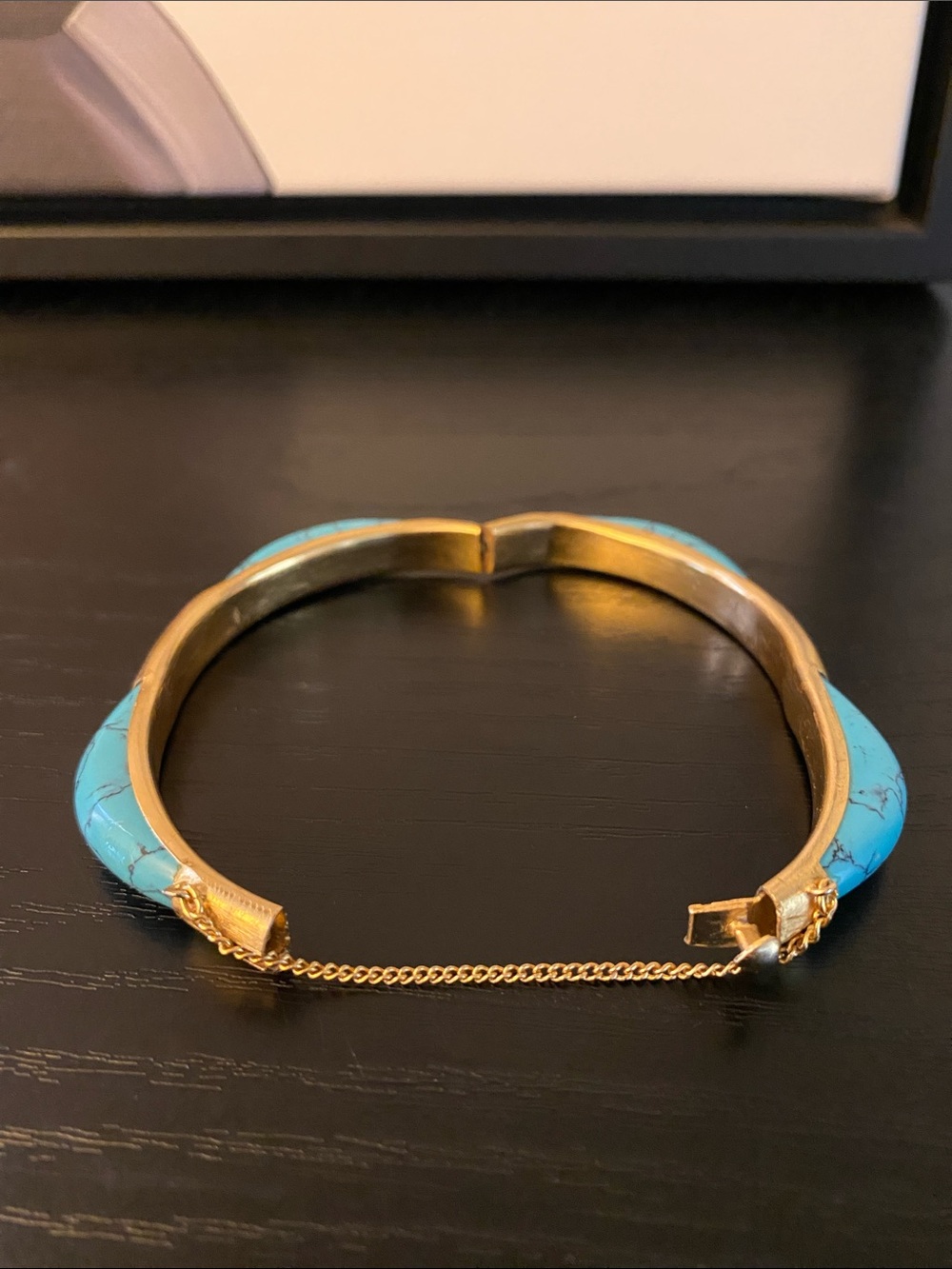 Vintage 60’s Faux Turquoise and Gold Tone Bangle Bracelet - Picture 2 of 7